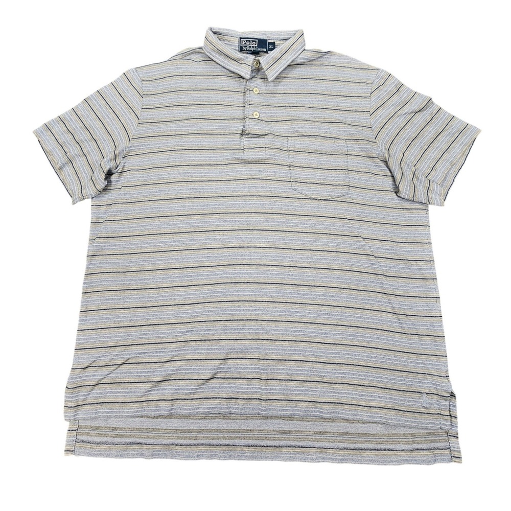 Polo Ralph Lauren XL Pima Cotton Striped Polo Shirt Blue Tan Pocket Mens Classic